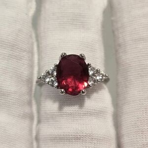 Faux Oval Cut Ruby Cubic Zirconias 925 Signed Silver Tone Fashion Ring - Size: 6